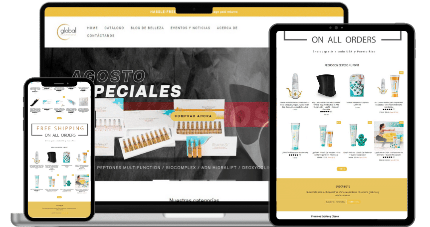 Mockups de ordenador, tablet y mobile con imagen del diseño web de tienda online con Shopify.