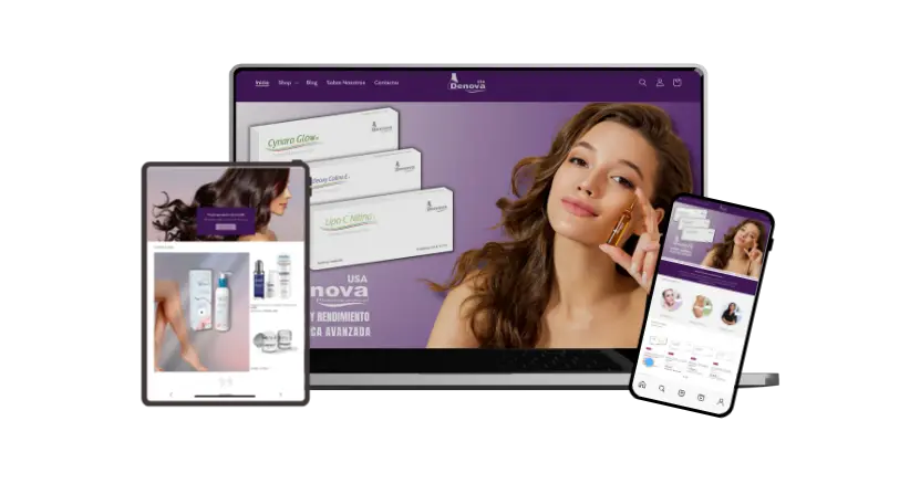 global-multinational-shopify-shop Pantalla de ordenador, móvil y tablet mostrando diseño web tienda online con Shopify